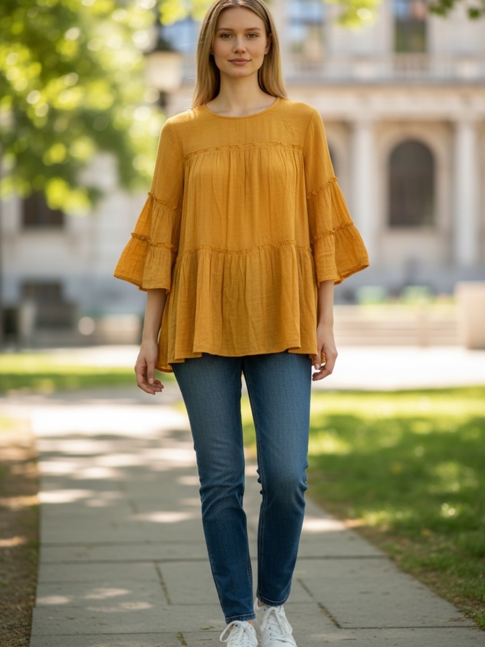 Cocomo Mustard Tiered Bell-Sleeve Tunic